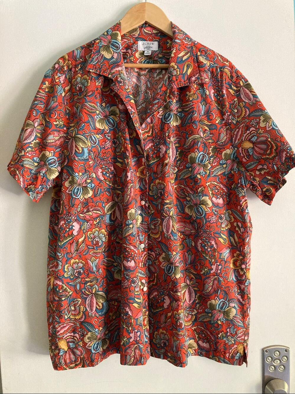 J. Crew With Liberty of London Mens Size XL Red Floral Print Summer Cotton Shirt